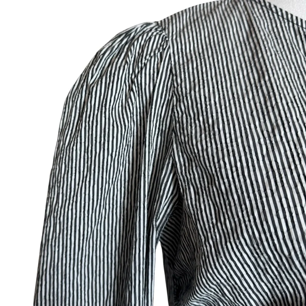 Zara Ruched Pinstripe Blouse M Puff Sleeve Regency Office Siren Structured Top